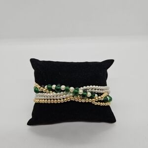 layered beaded bracelet gold tone faux pearl green glass